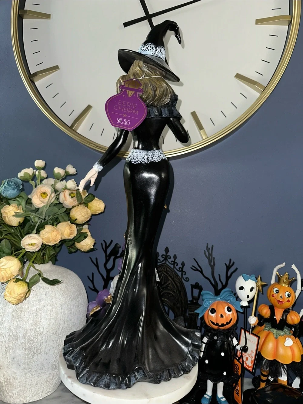 Gothic Witch Figurine with Purple Roses and Skulls 24”